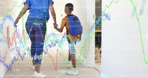 Walking woman and son holding hands in home hallway with financial data overlay