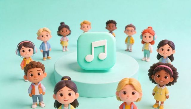 Diverse children figurines circling mint music icon representing kids music app, pastel