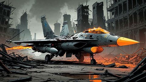 Futuristic military f16 fighter jet with blazing afterburners in warzone ruins