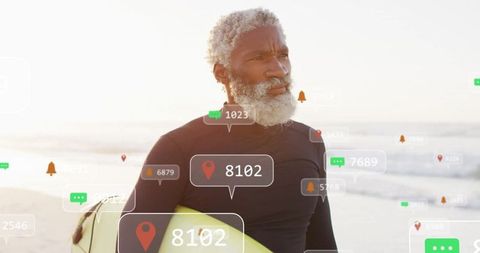 Senior surfer embracing technology with social media elements