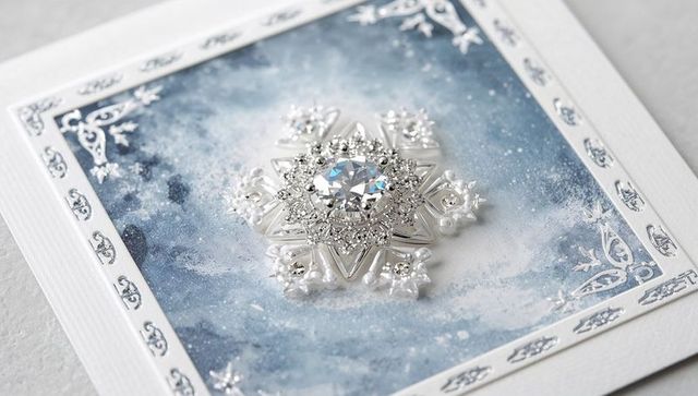 Silver Crystal Snowflake Brooch on Blue Watercolor Holiday Card with Ornate Pearl Accents