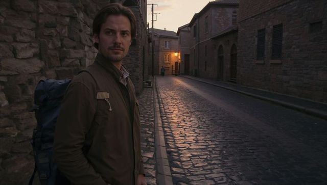 Backpacker standing on cobblestone alley at dusk with rucksack and contemplative gaze