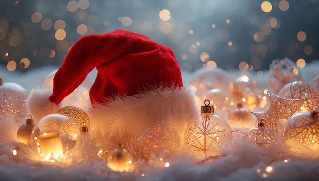 Santa Hat Resting on Faux Snow with Glass Baubles and Warm Fairy Lights Holiday Bokeh