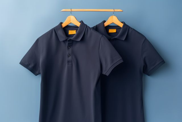 Two navy blue polo shirts hanging side by side on wooden hangers against a smooth blue background. The shirts feature a collared design with button plackets, reflecting simplicity and elegance. Ideal image for online clothing stores, fashion blogs, or advertisements promoting casual apparel and men's wear collections.