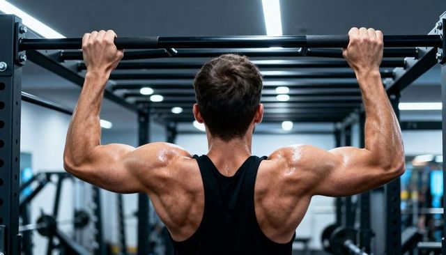 Muscular man performing pull-up on bar showing defined lats, shoulder strength, sweat