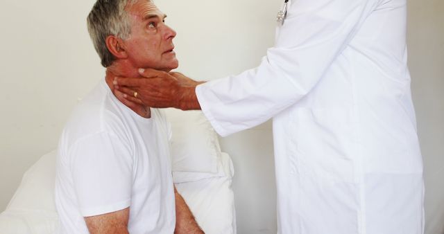 Elderly man sitting on hospital bed being assessed by a doctor. Useful for illustrating medical checkups, healthcare, medical consultations, senior care, physician services, and health assessments. Ideal for healthcare websites, medical brochures, and articles on elderly healthcare.