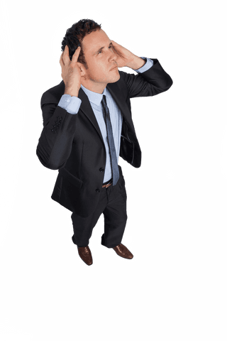 Transparent stressed businessman with hands on head struggling