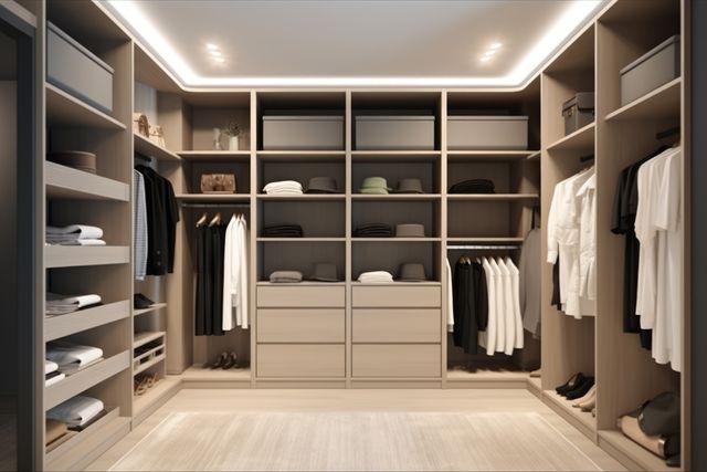 Modern walk-in closet featuring organized storage space, soft lighting, and minimalistic design. Well-arranged garments, shoes, and accessories on open shelves and hanging rods. Idea for depicting luxury home interiors, elegant and functional closet solutions, and home organization. Can be used in home decor magazines, furniture advertisements, or interior design blogs.