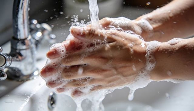 Soapy hands washing under running water at sink, promoting hand hygiene and cleanliness