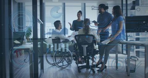 Diverse Team Collaborating on Digital Strategy with Holographic Data