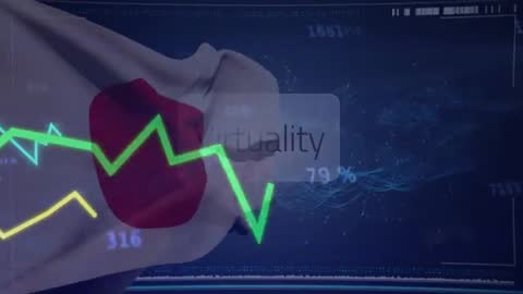 Flag of Japan with Animated Data Curves and Futuristic Elements