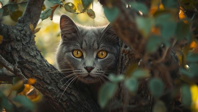 Grey Cat Observing from Tree Branches in Woodland Setting