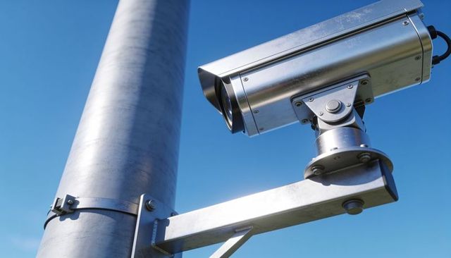 Surveillance camera monitoring perimeter from stainless pole against clear blue sky