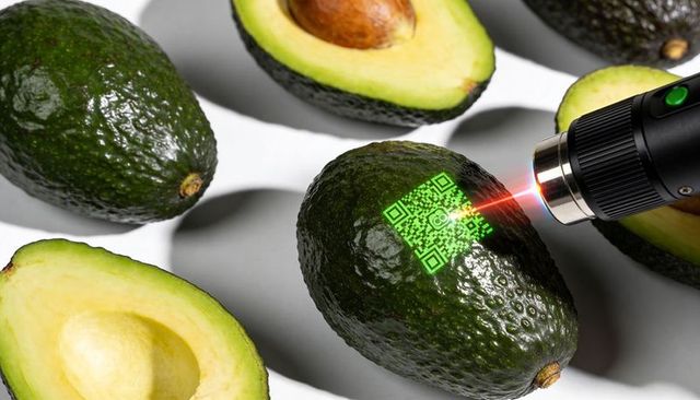 Handheld laser projector casting green qr code on hass avocado for food traceability