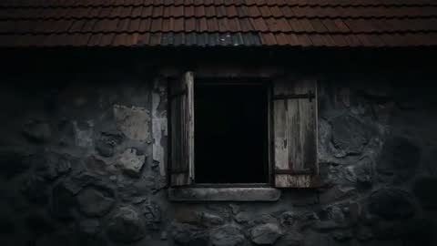 Rustic Stone Cottage Wall with Open Window Under Clay Roof