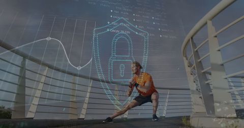 Digital Security Overlay with Man Stretching Outdoors