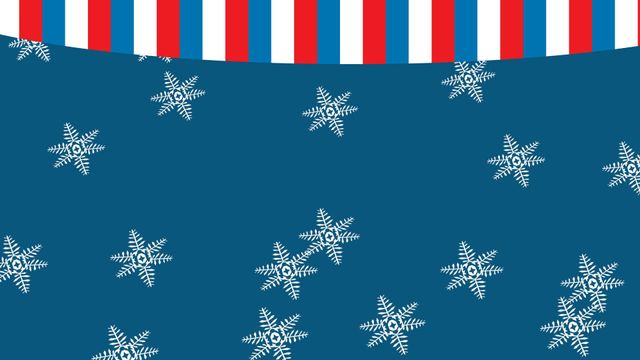 Falling snowflakes on a blue background with a festive red, white, and blue striped heading. Useful as a holiday greeting card background, Christmas invitation, seasonal promotion, or winter-themed decoration. Designed for festive and celebratory occasions.