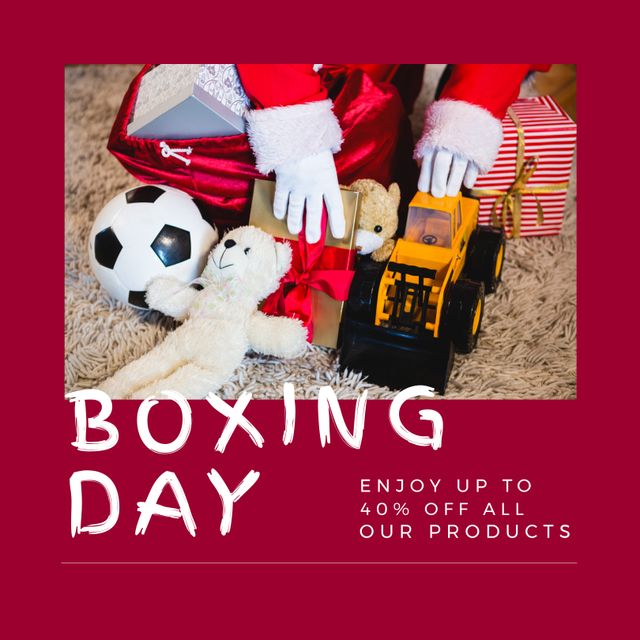 Composition of boxing day sales text over santa claus holding christmas presents. Christmas, boxing day, sales, festivity, celebration and tradition concept digitally.