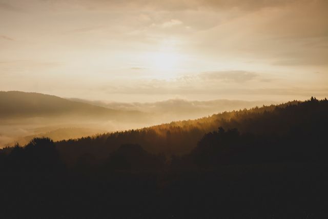 This illustrates a peaceful sunset over a hazy mountain range with dense forest. Brilliant light streams through the clouds illuminating the ridges and treetops, creating a calm and tranquil ambiance. Ideal for use in nature blogs, travel websites, environmental campaigns, and digital artwork. It portrays the natural beauty perfectly suited for promoting outdoor adventures and scenic retreats.