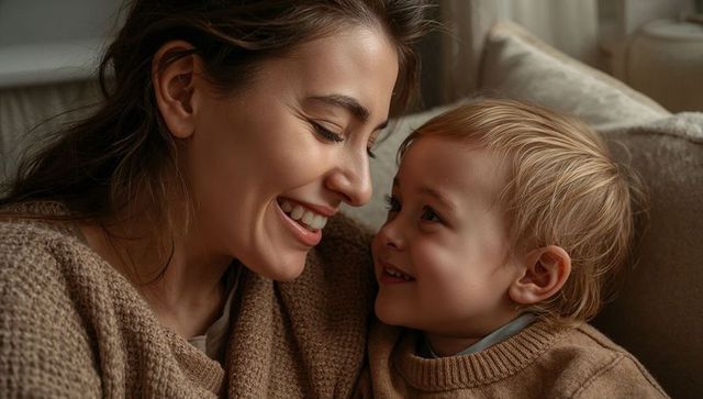 Mother and toddler sharing warm moment on couch wearing brown knit sweaters