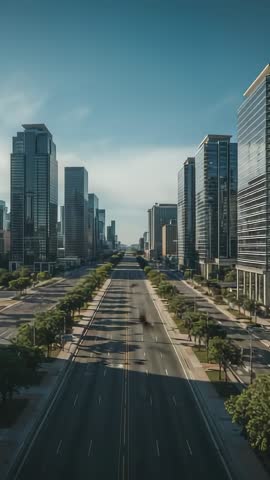 Vertical aerial glide along modern boulevard flanked by glass skyscrapers and leafy sidewalks