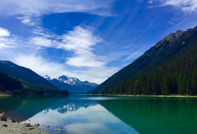 This image of a tranquil alpine lake reflecting a stunning mountain range is ideal for promoting travel destinations, nature retreats, or outdoor adventure activities. It can be used in travel blogs, brochures, websites, and publications emphasizing natural beauty, serenity, and the outdoors.