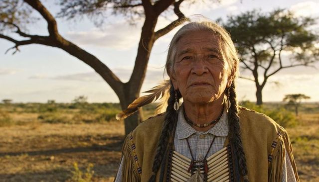 Elder native american wearing buckskin and bone breastplate at golden hour portrait