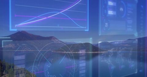Futuristic hud overlay on mountain lake panorama merging nature and data visualization