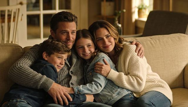 Cozy family hugging on sofa, parents and two children wearing denim and knit sweaters