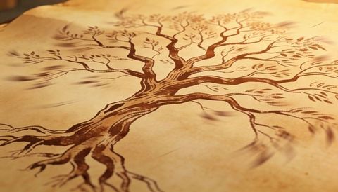 Stylized sepia tree illustration on vintage parchment with ink brush strokes