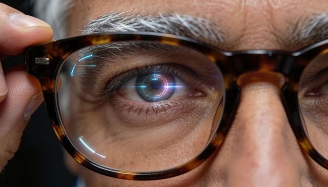 Senior man tapping tortoiseshell glasses and activating biometric hud eye scanning rings