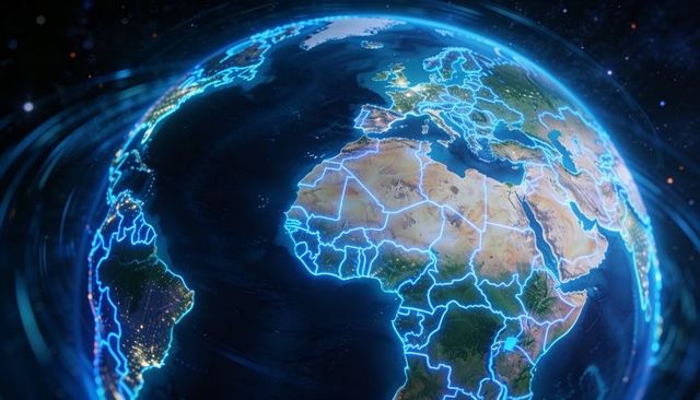 Neon-Glowing Earth Displaying Continental Borders, Terrain, City Lights and Orbital Trails