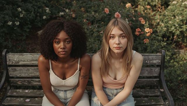 Two friends on weathered bench in garden wearing tank tops and jeans, casual portrait