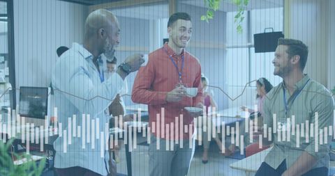 Business Team Engaging in Lively Discussion with Financial Data Overlay