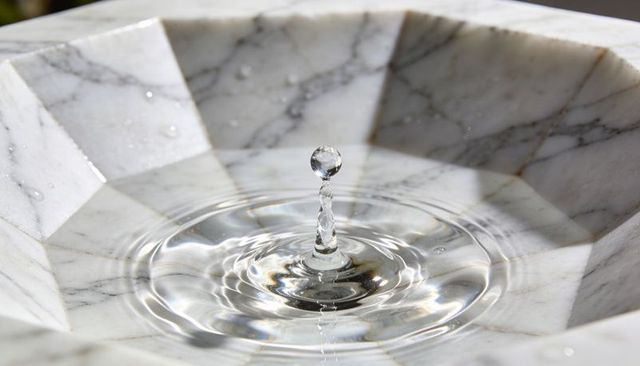Marble basin water drop rising into spherical splash with concentric ripples close-up macro