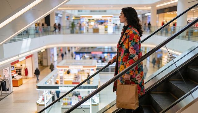 Woman in vibrant floral coat riding escalator in modern mall holding brown shopping bag