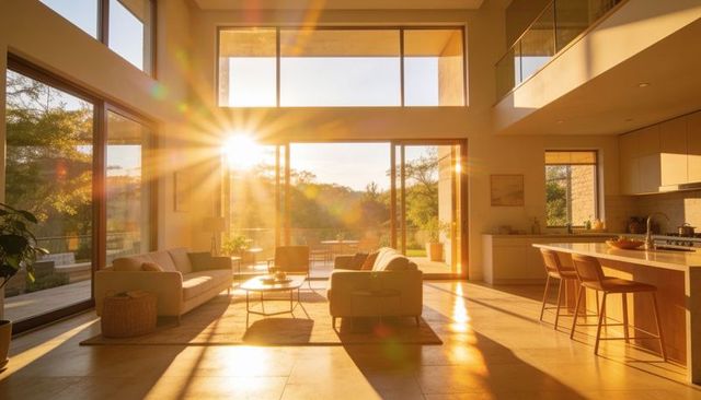 Sunlit modern open-plan living room with floor-to-ceiling windows and golden glow
