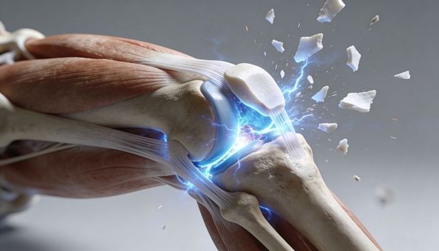 Exploding knee joint 3d render with bone fracture, ligament damage and electric arcs