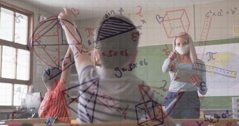 Teacher and children in classroom during pandemic with mathematical illustrations