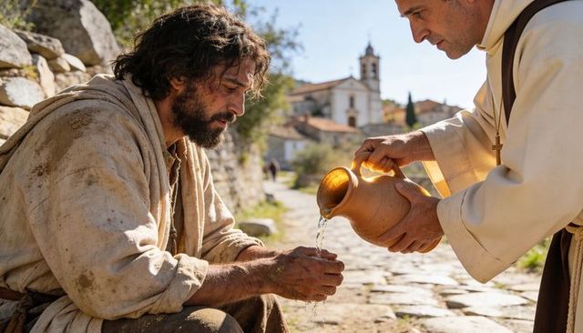 Monk pouring water for worn pilgrim on stone path near hilltop church showing compassion
