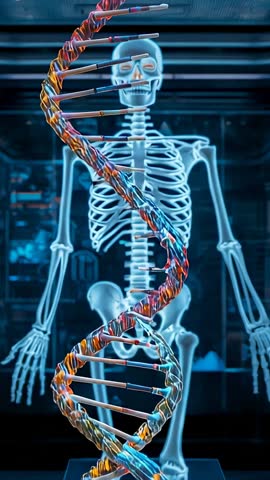 Rotating DNA Helix Emerging in Futuristic Lab with Skeleton X-ray Visualization Vertical Video
