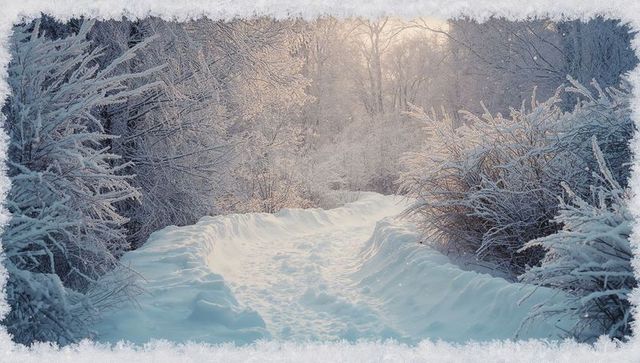 Sunlit snow path winding through frosted winter forest with hoarfrost branches