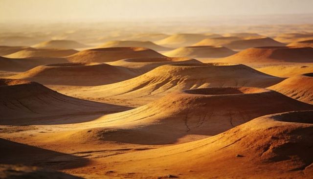 Golden dunes stretching to hazy horizon casting long shadows across rippled desert