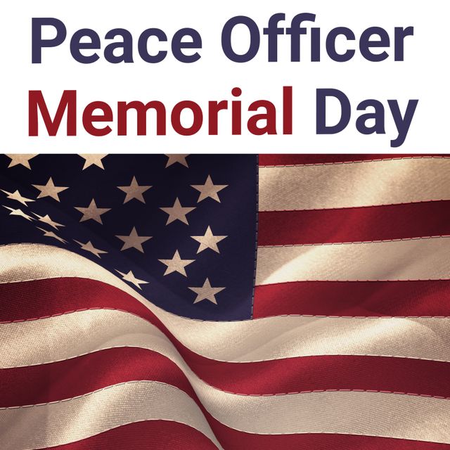 Patriotic graphic featuring 'Peace Officer Memorial Day' text overlaid on a waving American flag backdrop. Ideal for use in social media posts, websites, and promotional materials to pay tribute to fallen law enforcement officers on this significant observance day. Can also serve as a background or header image for articles and blogs about national holidays and police memorial events.