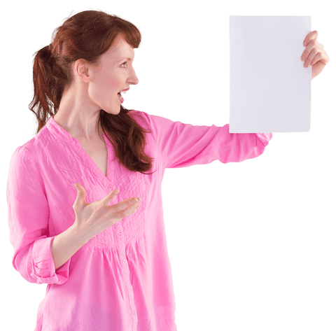 woman in pink shirt shocked holding transparent blank paper - Download Free Stock Videos Pikwizard.com