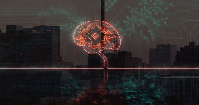 Glowing Neon Brain Hovers Above Twilight Urban Skyline