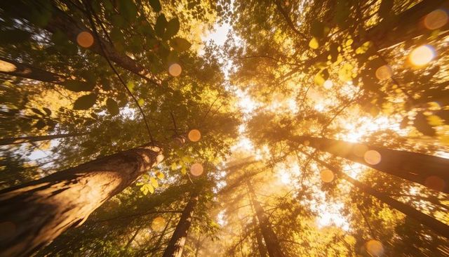 Golden sunbeams through tall forest canopy with backlit leaves and warm lens flare