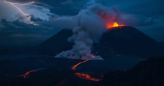 Volcanic Eruption at Night Unleashing Molten Lava in Thunderstorm