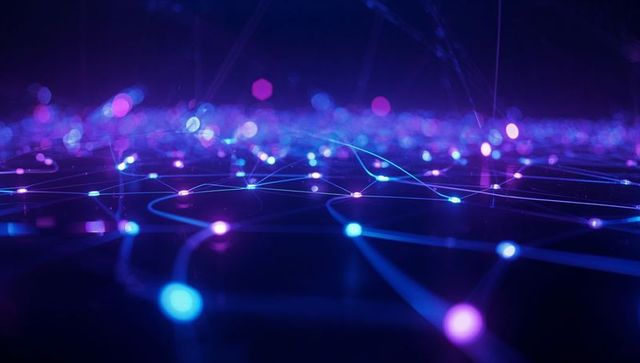 Glowing network grid of virtual connectivity on dark digital plane