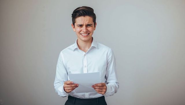 Young professional holding document looking nervous minimalist white shirt formal portrait
